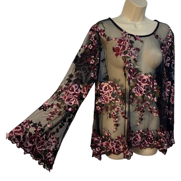Karen Kane Women’s Long Sleeve Sheer Mesh Embroidered Crew Neck Top Size XL - Picture 2 of 6